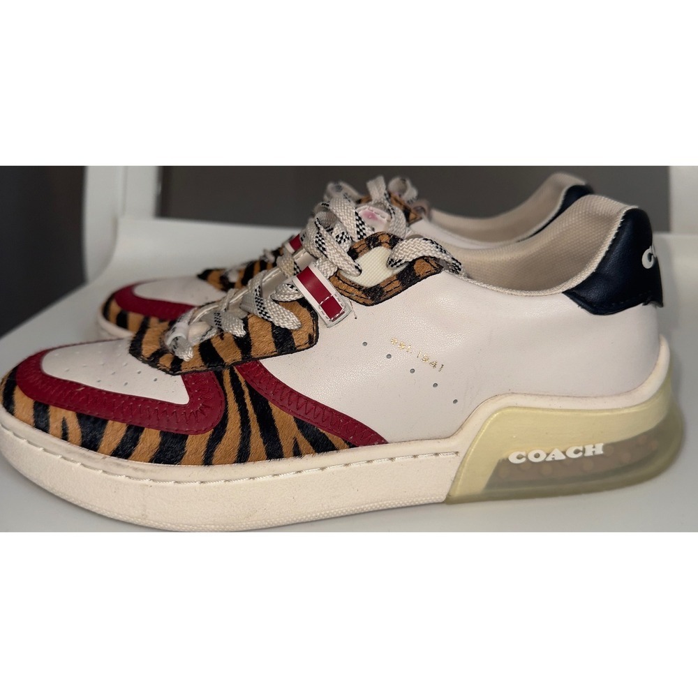 Coach CitySole Court Sneakers White Leather Tiger Print Calf Hair Red size 7 - Picture 5 of 14